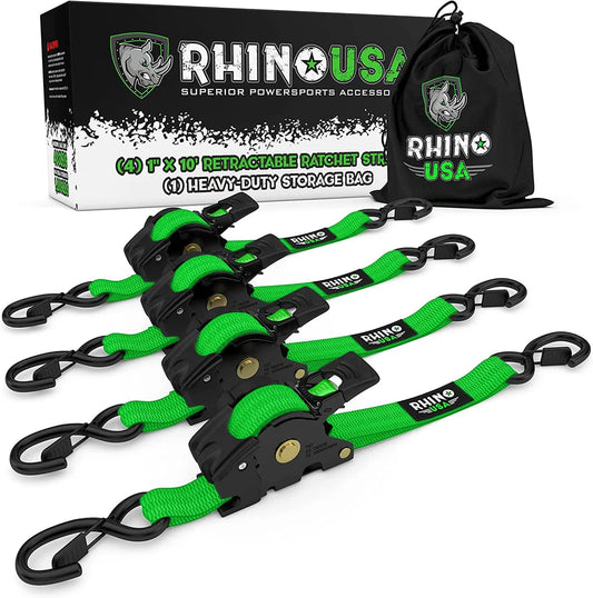 RHINO 1" X 10' RATCHET STRAPS, GREEN 4 PACK