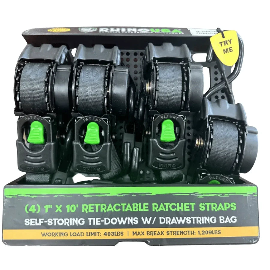 RHINO 1" X 10' RATCHET STRAPS, BLACK 4 PACK