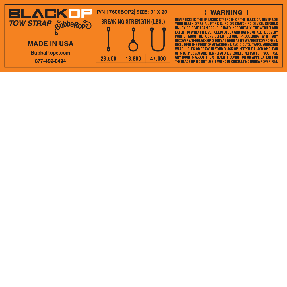 BUBBAROPE BLACK OP TOW ROPE