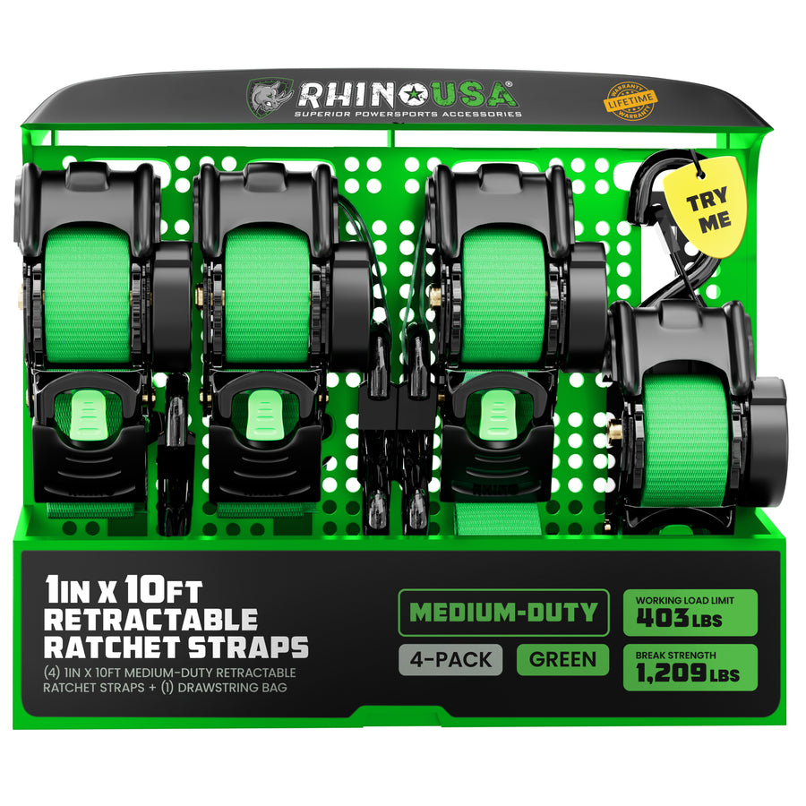 RHINO 1" X 10' RATCHET STRAPS, GREEN 4 PACK