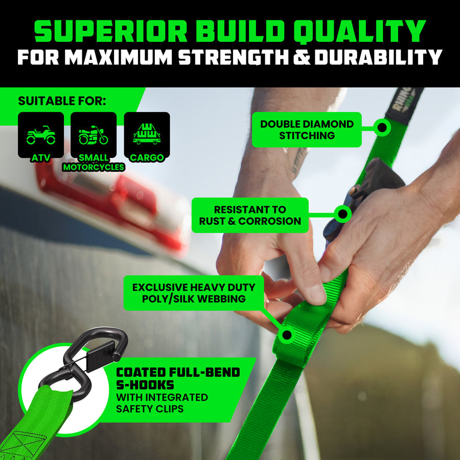 RHINO 1" X 10' RATCHET STRAPS, GREEN 4 PACK