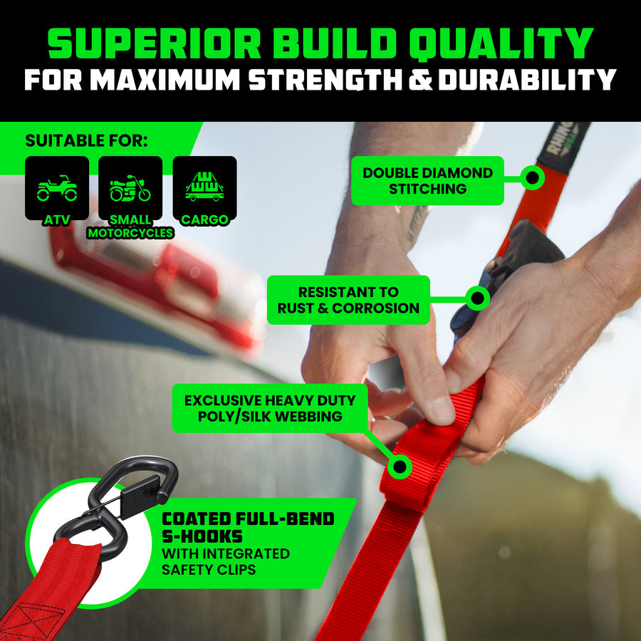 RHINO 1" X 10' RATCHET STRAPS, RED 4 PACK